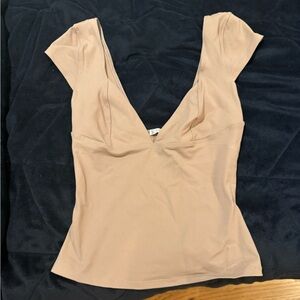 Free People Beige V-Neck Short Sleeve Top